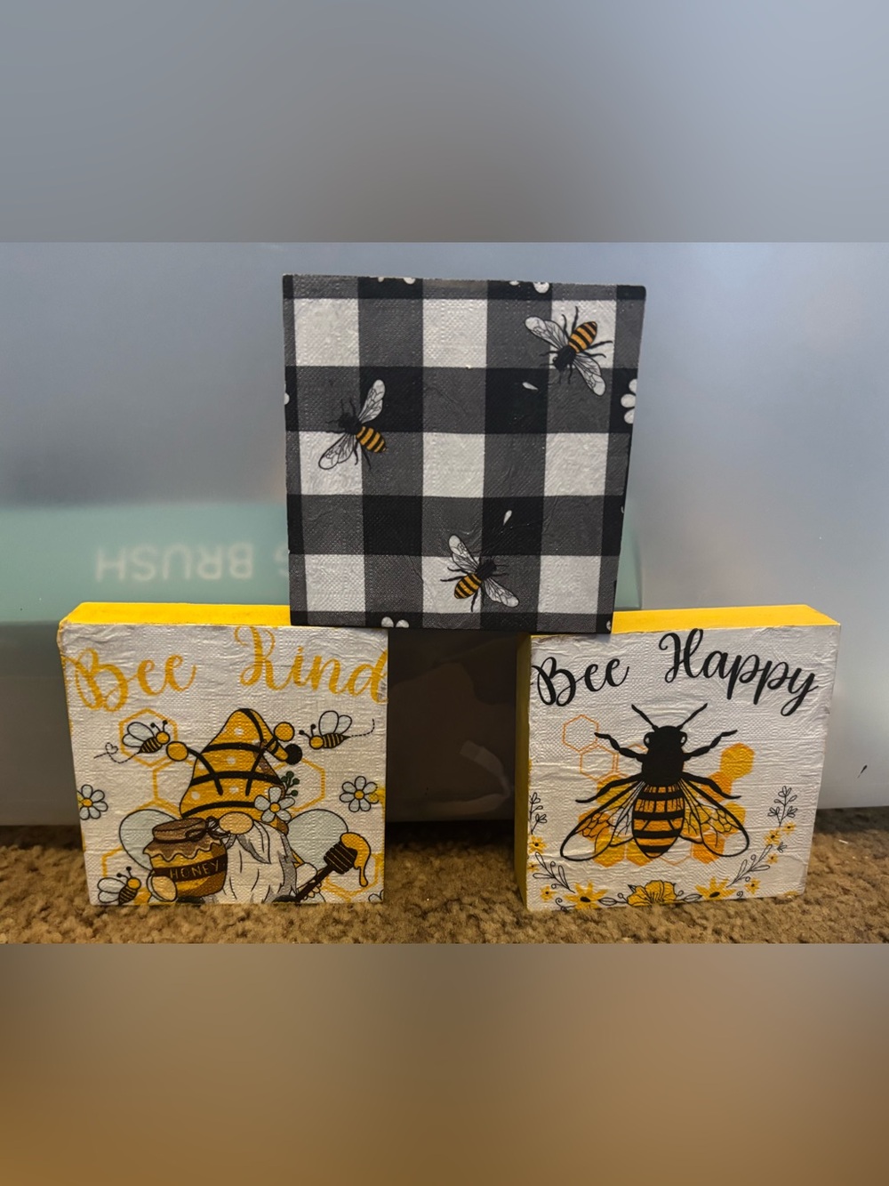 Bee Themed wood Art Trio - Yellow, Black, White